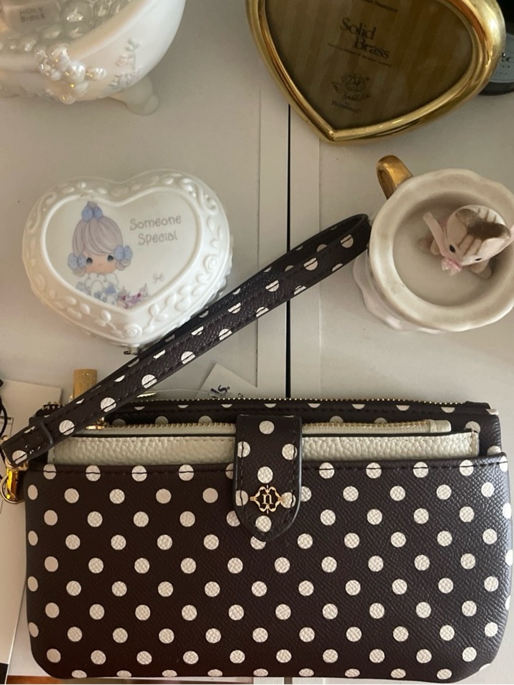 Polka Dot Wristlet Clutch in Dark Brown and Cream